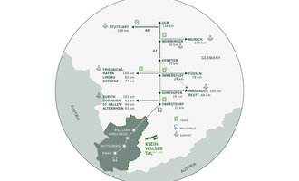 Map showing distances and connections between Germany, Austria, and the Klein Walser Valley region. | © Kleinwalsertal Tourismus eGen 